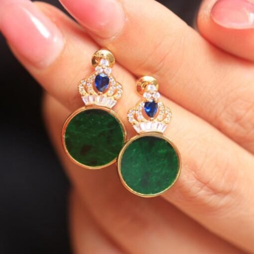 Natural green jadeite dangle Earrings /Sterling 925-Silver 18KGold-Plated jade drop/Customize gift box/anniversary gift/retro Crown earrings - Image 2
