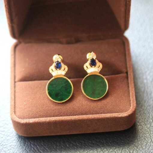 Natural green jadeite dangle Earrings /Sterling 925-Silver 18KGold-Plated jade drop/Customize gift box/anniversary gift/retro Crown earrings - Image 5