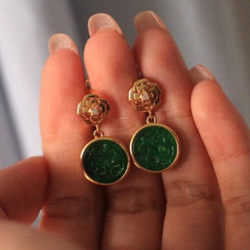 Natural green jadeite dangle Earrings /Sterling 925-Silver 18KGold-Plated jade drop/Customize gift box/anniversary Countess Flower earrings - Image 5