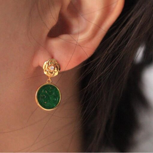 Natural green jadeite dangle Earrings /Sterling 925-Silver 18KGold-Plated jade drop/Customize gift box/anniversary Countess Flower earrings - Image 3