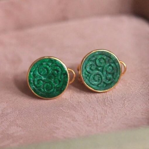 Natural green jadeite stud Earrings /Sterling 925-Silver 18KGold-Plated jade studs/Customize gift box/anniversary Countess Flower earrings - Image 2