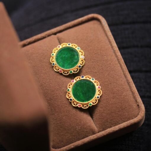 Natural jadeite stud Earrings /Sterling 925-Silver 18KGold-Plated green jade studs/Customize gift box/anniversary gift/flower earrings stud - Image 4