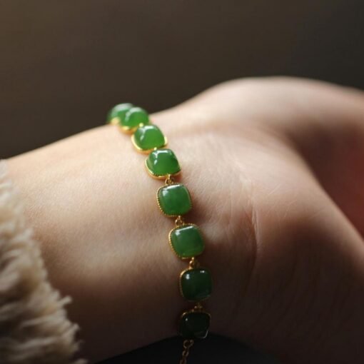 Natural green jade bracelet/Sterling 925Silver 18KGold-Plated round jade  bracelet/Customize gift box/anniversary gift/raw jade bracelet - Image 2