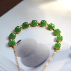 Natural green jade bracelet/Sterling 925Silver 18KGold-Plated round jade  bracelet/Customize gift box/anniversary gift/raw jade bracelet