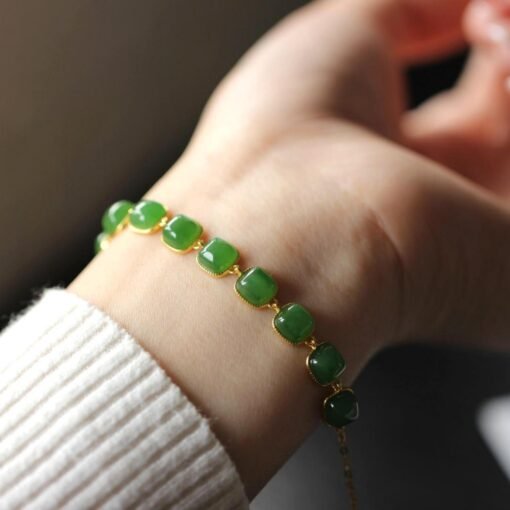 Natural green jade bracelet/Sterling 925Silver 18KGold-Plated round jade  bracelet/Customize gift box/anniversary gift/raw jade bracelet - Image 4