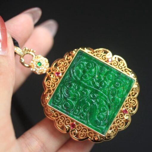 Natural green jade pendant/Sterling 925Silver 18KGold-Plated jadeite pendant/Customize gift box/anniversary gift/retro raw jade pendant