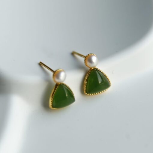 Natural green jade dangle Earrings/Sterling 925-Silver 18KGold-Plated green Nephrite drop/Customize gift box/anniversary gift/triangle studs - Image 3