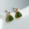 Natural green jade dangle Earrings/Sterling 925-Silver 18KGold-Plated green Nephrite drop/Customize gift box/anniversary gift/triangle studs