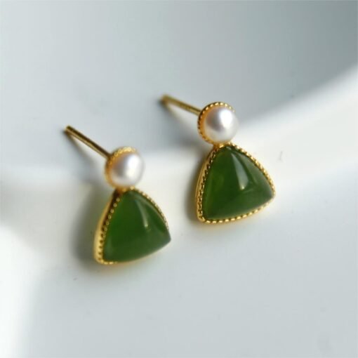 Natural green jade dangle Earrings/Sterling 925-Silver 18KGold-Plated green Nephrite drop/Customize gift box/anniversary gift/triangle studs