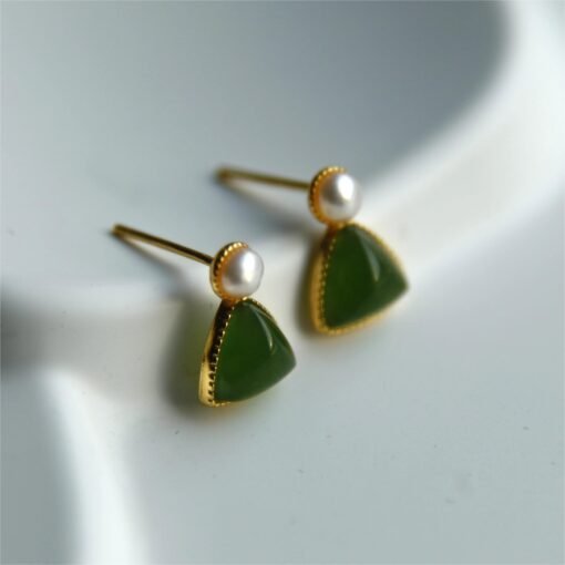 Natural green jade dangle Earrings/Sterling 925-Silver 18KGold-Plated green Nephrite drop/Customize gift box/anniversary gift/triangle studs - Image 4