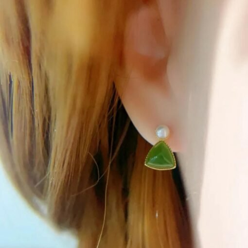 Natural green jade dangle Earrings/Sterling 925-Silver 18KGold-Plated green Nephrite drop/Customize gift box/anniversary gift/triangle studs - Image 2