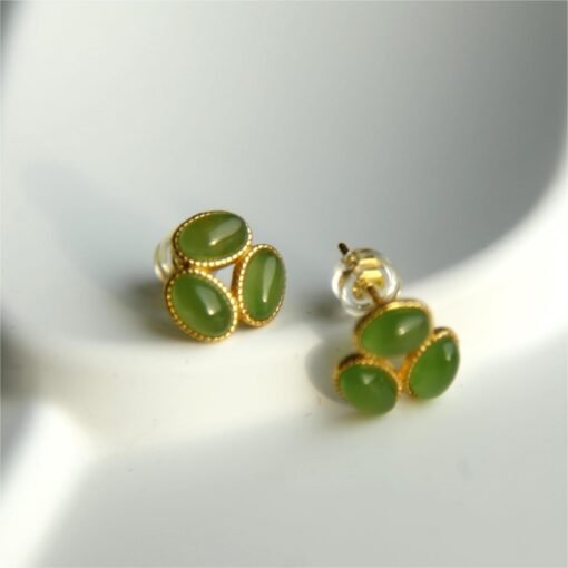 Natural green jade Stud Earrings /Sterling 925-Silver 18KGold-Plated oval jade Studs/Customize gift box/anniversary gift/gift for wife - Image 2