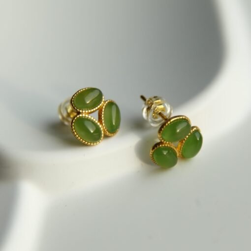 Natural green jade Stud Earrings /Sterling 925-Silver 18KGold-Plated oval jade Studs/Customize gift box/anniversary gift/gift for wife