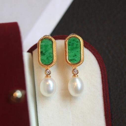 Natural green jadeite dangle Earrings with pearl/Sterling 925-Silver 18KGold-Plated jade drop/Customize gift box/unique pearl earrings gift - Image 4