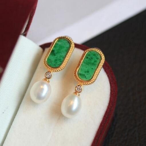 Natural green jadeite dangle Earrings with pearl/Sterling 925-Silver 18KGold-Plated jade drop/Customize gift box/unique pearl earrings gift - Image 2