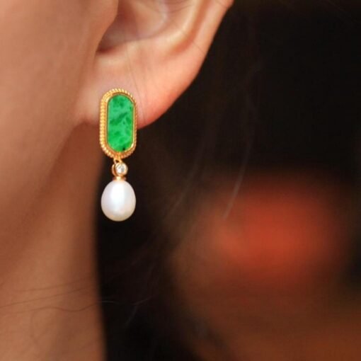 Natural green jadeite dangle Earrings with pearl/Sterling 925-Silver 18KGold-Plated jade drop/Customize gift box/unique pearl earrings gift - Image 3