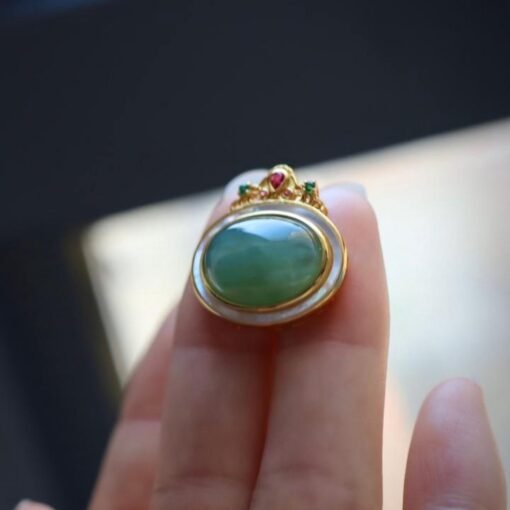 Natural green jade white shell pendant/Sterling 925Silver 18K Gold-Plated oval cut jade pendant/Customize gift box/retro court pendant gift - Image 5