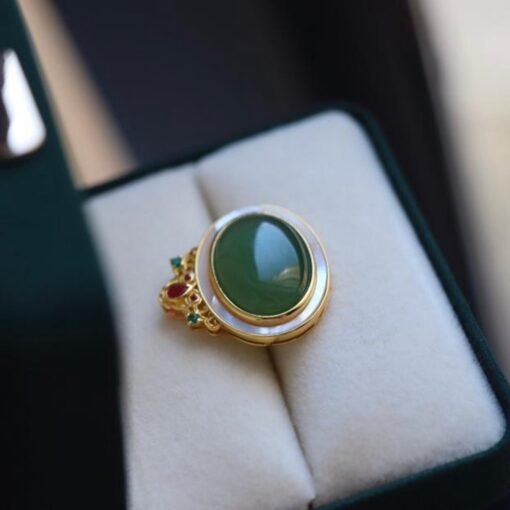 Natural green jade white shell pendant/Sterling 925Silver 18K Gold-Plated oval cut jade pendant/Customize gift box/retro court pendant gift - Image 2