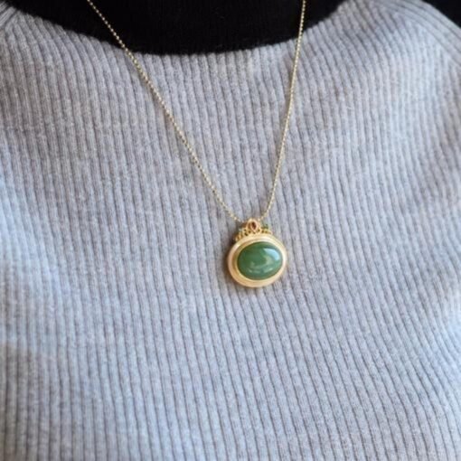 Natural green jade white shell pendant/Sterling 925Silver 18K Gold-Plated oval cut jade pendant/Customize gift box/retro court pendant gift - Image 4