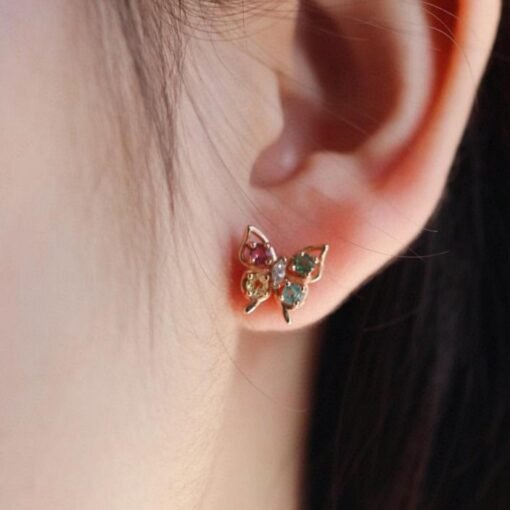 Natural tourmaline Stud Earrings/Sterling 925Silver 18K Gold-Plated tourmaline butterfly Studs/Customize gift box/October birthstone gift - Image 3