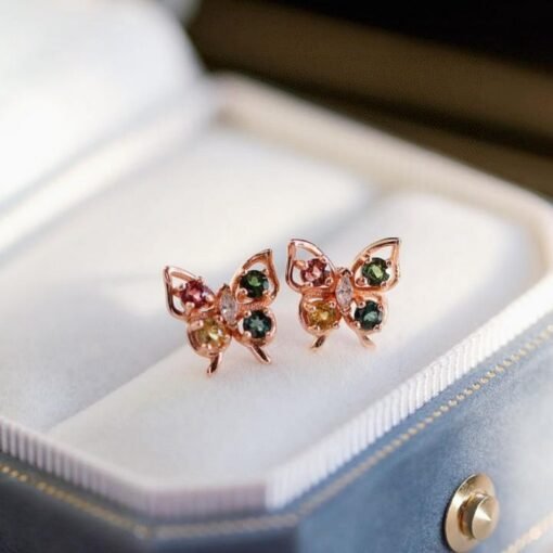 Natural tourmaline Stud Earrings/Sterling 925Silver 18K Gold-Plated tourmaline butterfly Studs/Customize gift box/October birthstone gift