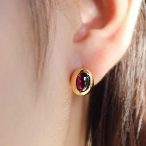 Natural purple garnet Stud Earrings /Sterling 925Silver 18K Gold-Plated oval garnet Studs/Customize gift box/January birthstone gift for her - Image 3