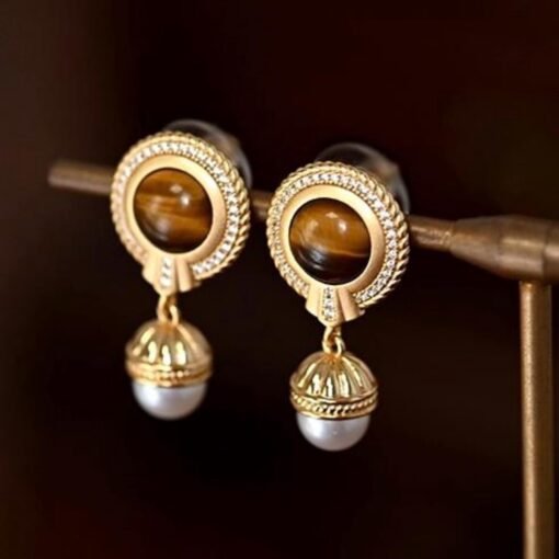 Natural Tiger's Eye dangle Earrings /Sterling 925Silver 18KGold-Plated Tiger's Eye drop/Customize gift box/European Vintage Style earrings - Image 5