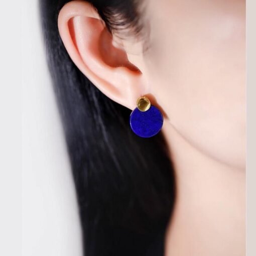 Natural Lapis lazuli Stud Earrings /Sterling 925-Silver Gold-Plated round Lapis lazuli Studs/Customize gift box/anniversary gift/minimalist - Image 4