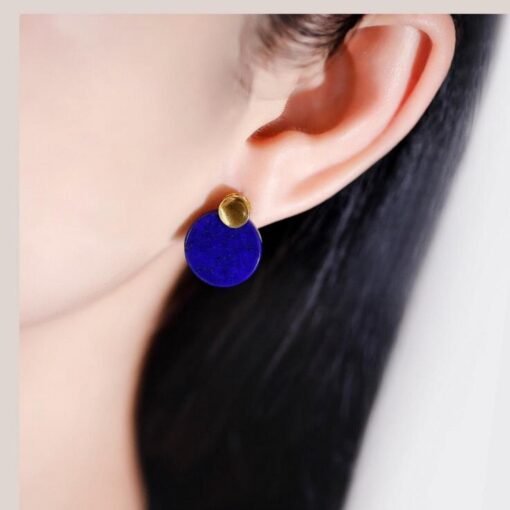 Natural Lapis lazuli Stud Earrings /Sterling 925-Silver Gold-Plated round Lapis lazuli Studs/Customize gift box/anniversary gift/minimalist - Image 2