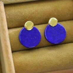 Natural Lapis lazuli Stud Earrings /Sterling 925-Silver Gold-Plated round Lapis lazuli Studs/Customize gift box/anniversary gift/minimalist