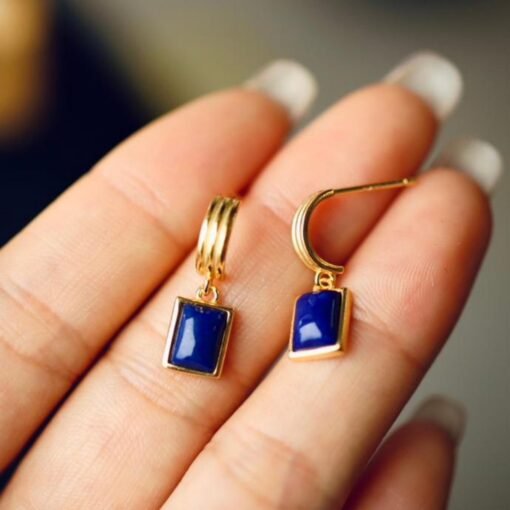 Natural Lapis lazuli dangle Earrings/Sterling 925 Silver 18k Gold-Plated Lapis lazuli drops/Customize gift box/anniversary gift/gift for mum - Image 5