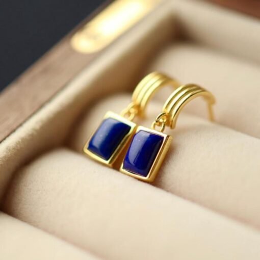 Natural Lapis lazuli dangle Earrings/Sterling 925 Silver 18k Gold-Plated Lapis lazuli drops/Customize gift box/anniversary gift/gift for mum