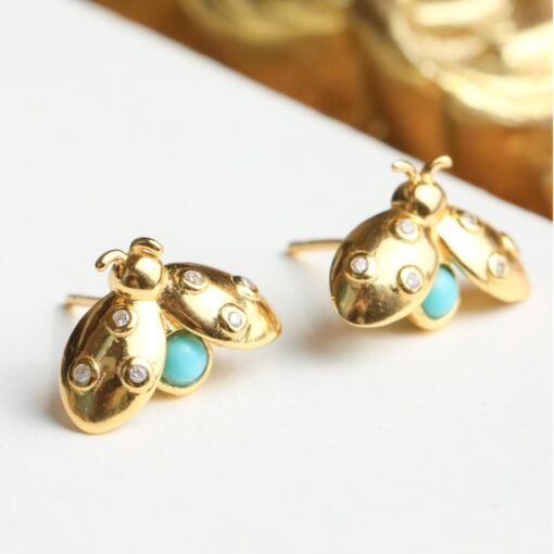 Genuine Turquoise stud Earrings /Sterling 925Silver 18KGold-Plated Turquoise studs/Customize gift box/December birthstone gift/Beetle studs - Image 3