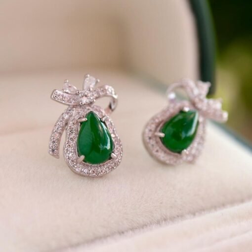 Natural green jade Stud Earrings /Sterling 925-Silver 18KGold-Plated green jadeite Studs/Customize gift box/anniversary gift/gift for wife - Image 3