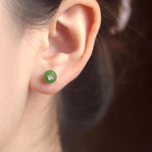 Natural green jade Stud Earrings /Sterling 925-Silver 18KGold-Plated round jade Studs/Customize gift box/anniversary gift/gift for wife - Image 4