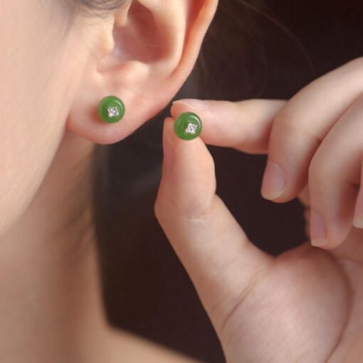Natural green jade Stud Earrings /Sterling 925-Silver 18KGold-Plated round jade Studs/Customize gift box/anniversary gift/gift for wife - Image 2