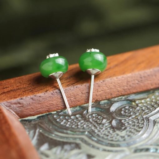 Natural green jade Stud Earrings /Sterling 925-Silver 18KGold-Plated round jade Studs/Customize gift box/anniversary gift/gift for wife - Image 5