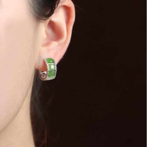 Natural green jade hoop Earrings /Sterling 925-Silver green Nephrite hoops/Customize gift box/anniversary gift/retro court hoop/gift for mum - Image 4