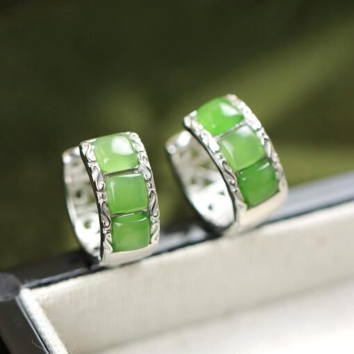 Natural green jade hoop Earrings /Sterling 925-Silver green Nephrite hoops/Customize gift box/anniversary gift/retro court hoop/gift for mum