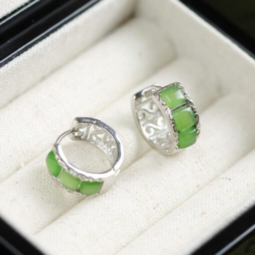 Natural green jade hoop Earrings /Sterling 925-Silver green Nephrite hoops/Customize gift box/anniversary gift/retro court hoop/gift for mum - Image 5