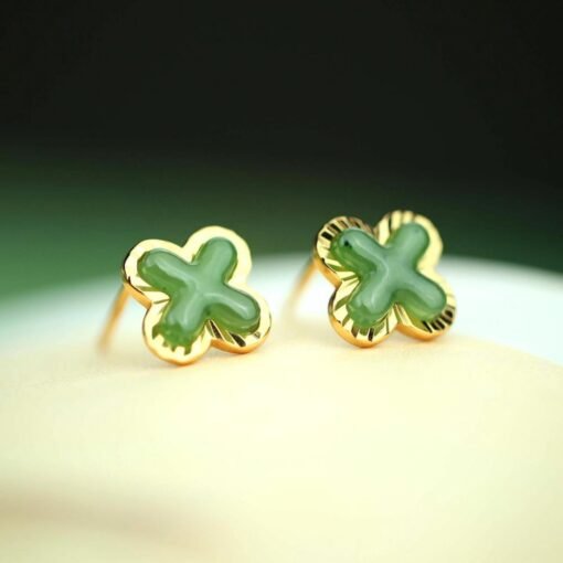 Natural green jade Stud Earrings /Sterling 925-Silver 18KGold-Plated jade Studs/Customize gift box/anniversary gift/Four-leaf clover earring