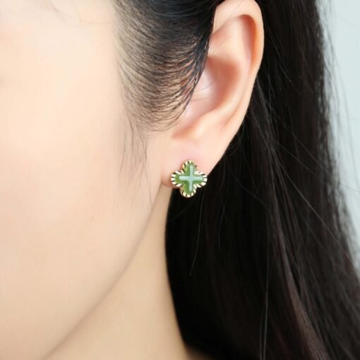 Natural green jade Stud Earrings /Sterling 925-Silver 18KGold-Plated jade Studs/Customize gift box/anniversary gift/Four-leaf clover earring - Image 2