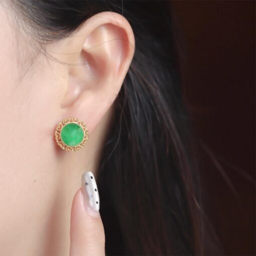 Natural green jade jadeite Stud Earrings /Sterling 925-Silver 18KGold-Plated jade Studs/Customize gift box/anniversary gift/retro earring - Image 4