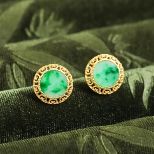 Natural green jade jadeite Stud Earrings /Sterling 925-Silver 18KGold-Plated jade Studs/Customize gift box/anniversary gift/retro earring - Image 5