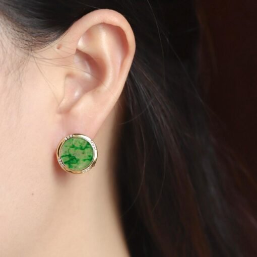 Natural green jade jadeite Stud Earrings /Sterling 925-Silver 18KGold-Plated jade Studs/Customize gift box/anniversary gift/retro earring - Image 4