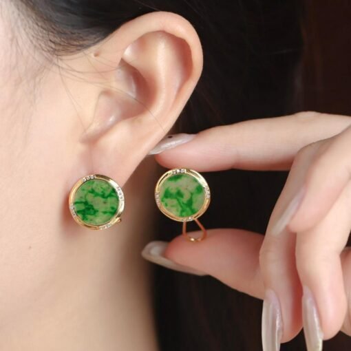 Natural green jade jadeite Stud Earrings /Sterling 925-Silver 18KGold-Plated jade Studs/Customize gift box/anniversary gift/retro earring - Image 2