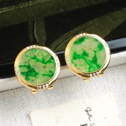 Natural green jade jadeite Stud Earrings /Sterling 925-Silver 18KGold-Plated jade Studs/Customize gift box/anniversary gift/retro earring
