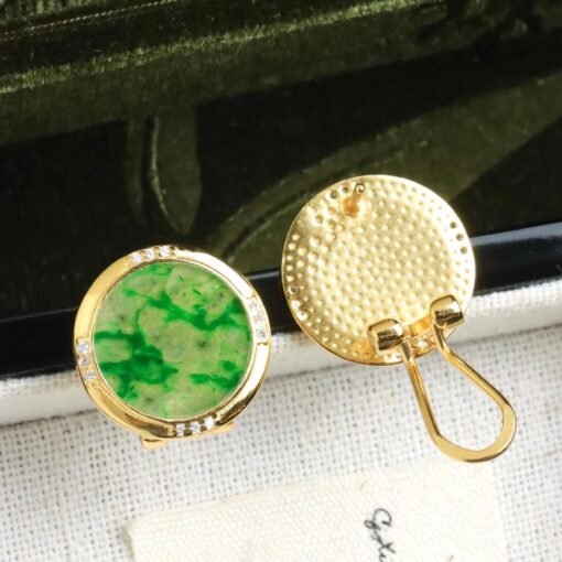 Natural green jade jadeite Stud Earrings /Sterling 925-Silver 18KGold-Plated jade Studs/Customize gift box/anniversary gift/retro earring - Image 3