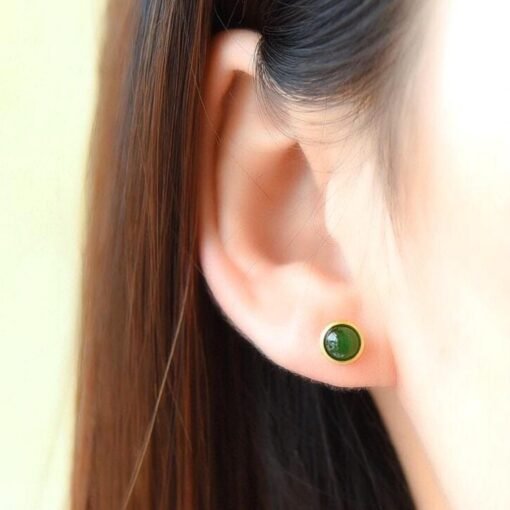 Natural green jade Stud Earrings/Sterling 925-Silver 18KGold-Plated jade Studs/Customize gift box/anniversary gift/Small light bulb earrings - Image 2