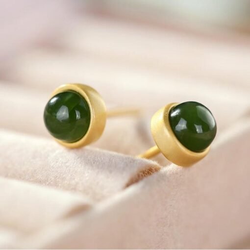 Natural green jade Stud Earrings/Sterling 925-Silver 18KGold-Plated jade Studs/Customize gift box/anniversary gift/Small light bulb earrings - Image 3